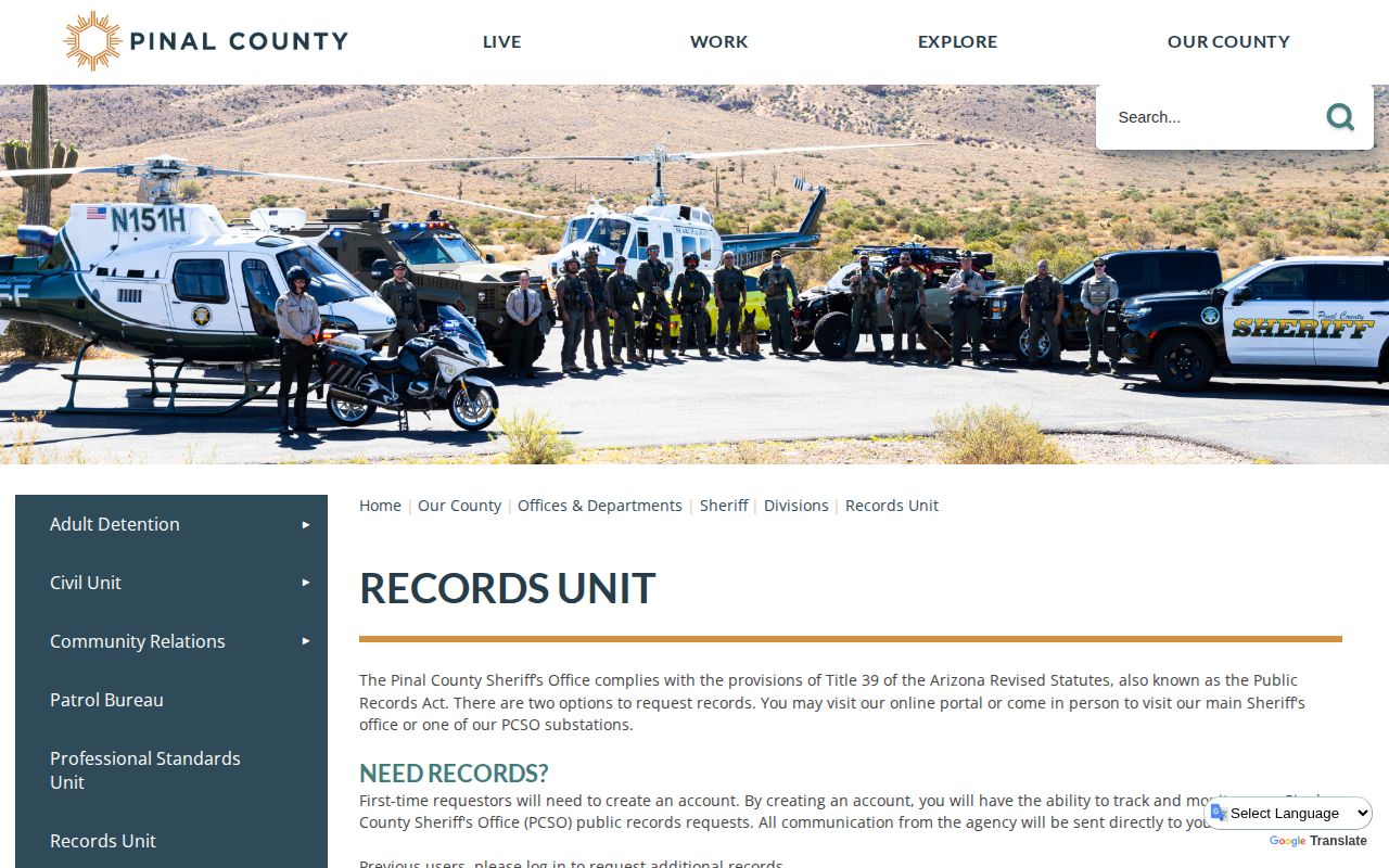 Pinal County Sheriff's Office Records Unit request page