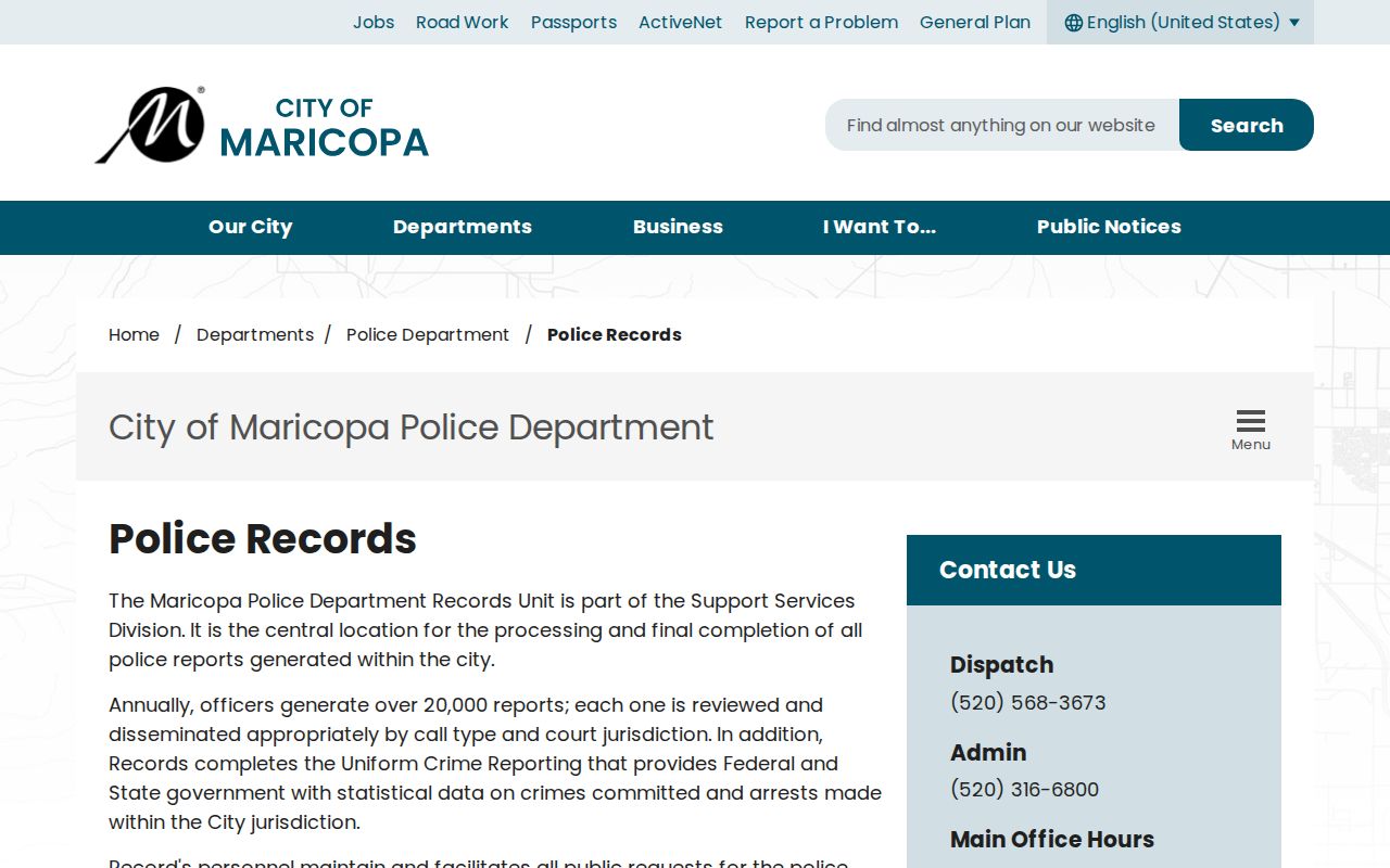 Maricopa Police Records request page for arrest reports